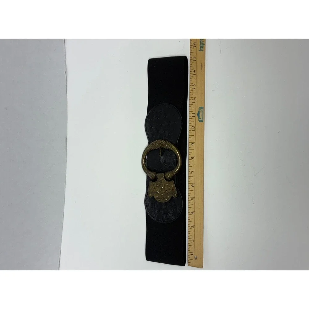 Lake Shore Drive Belt Womens ML Black Elastic Ostrich Print Ornate Brass Buckle